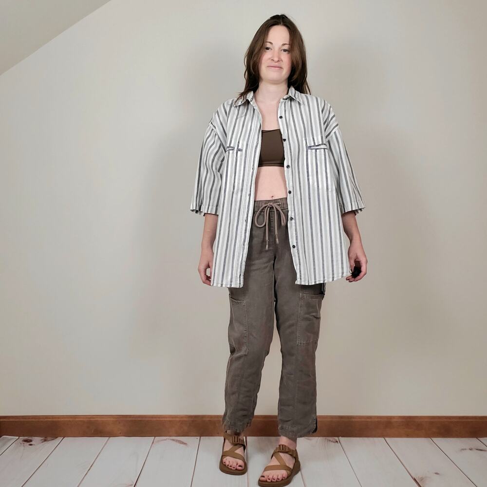 Vintage 80s 90s Striped Button Up Shirt White Navy XL